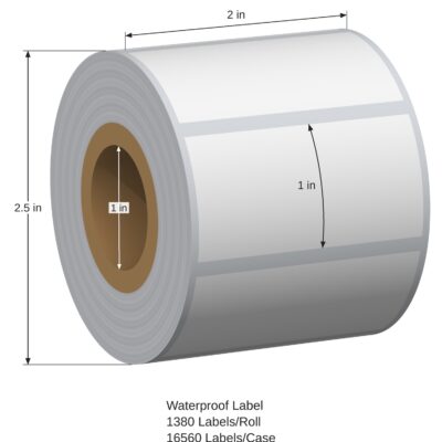 Waterproof Label. 2in x 1in. 1in Across. 1in x 2.5in Core Config. All Temp Adhesive. White. 1005786