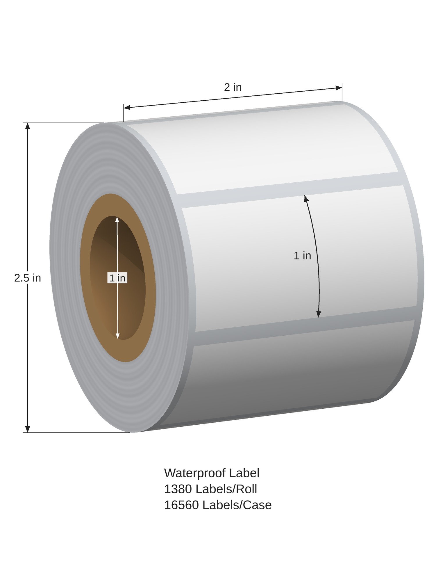 Waterproof Label. 2in x 1in. 1in Across. 1in x 2.5in Core Config. All Temp Adhesive. White. 1005786
