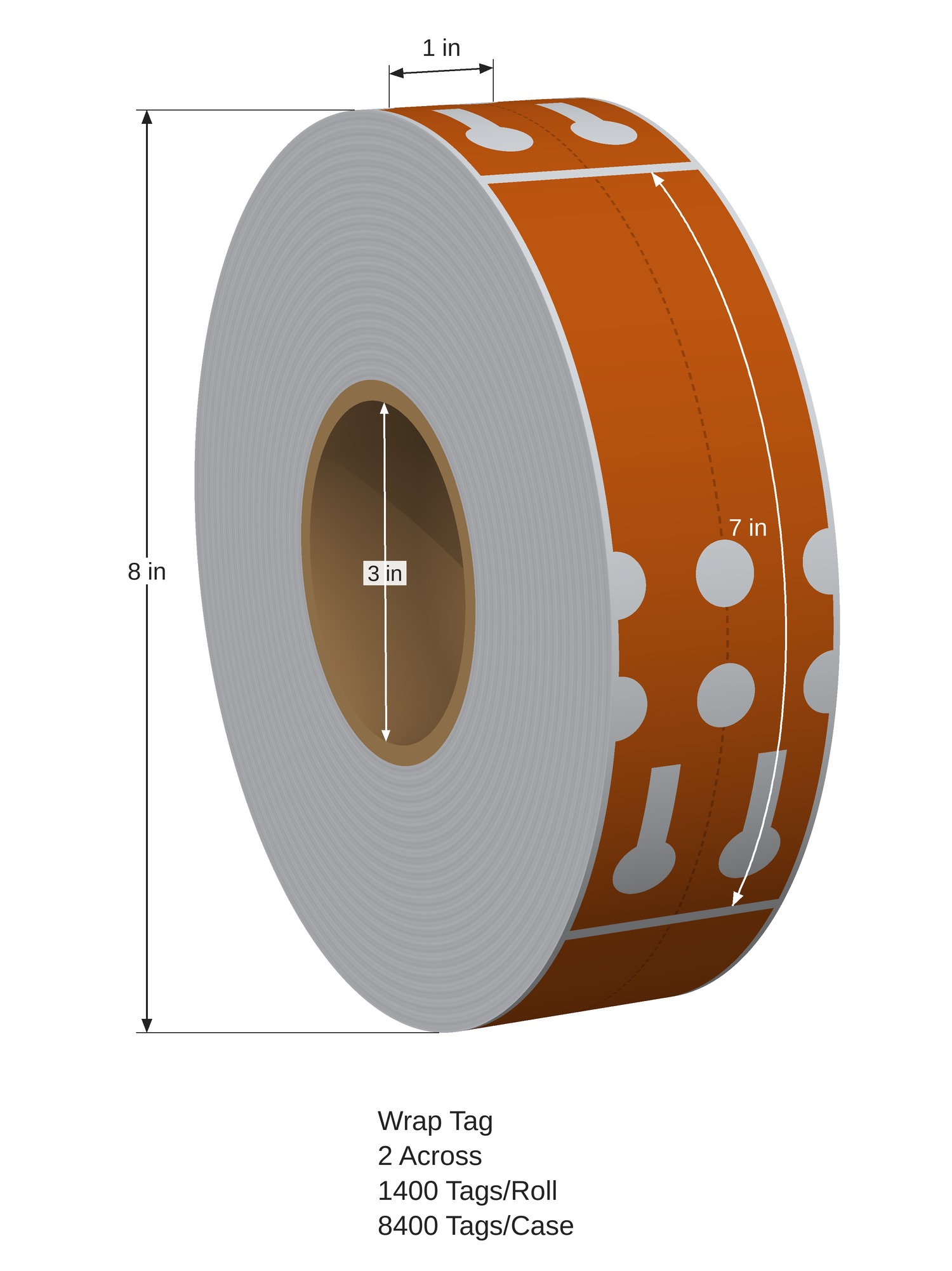 Wrap Tag. 1in x 7in. 2in Across. 3in x 8in Core Config. Orange. 1006442