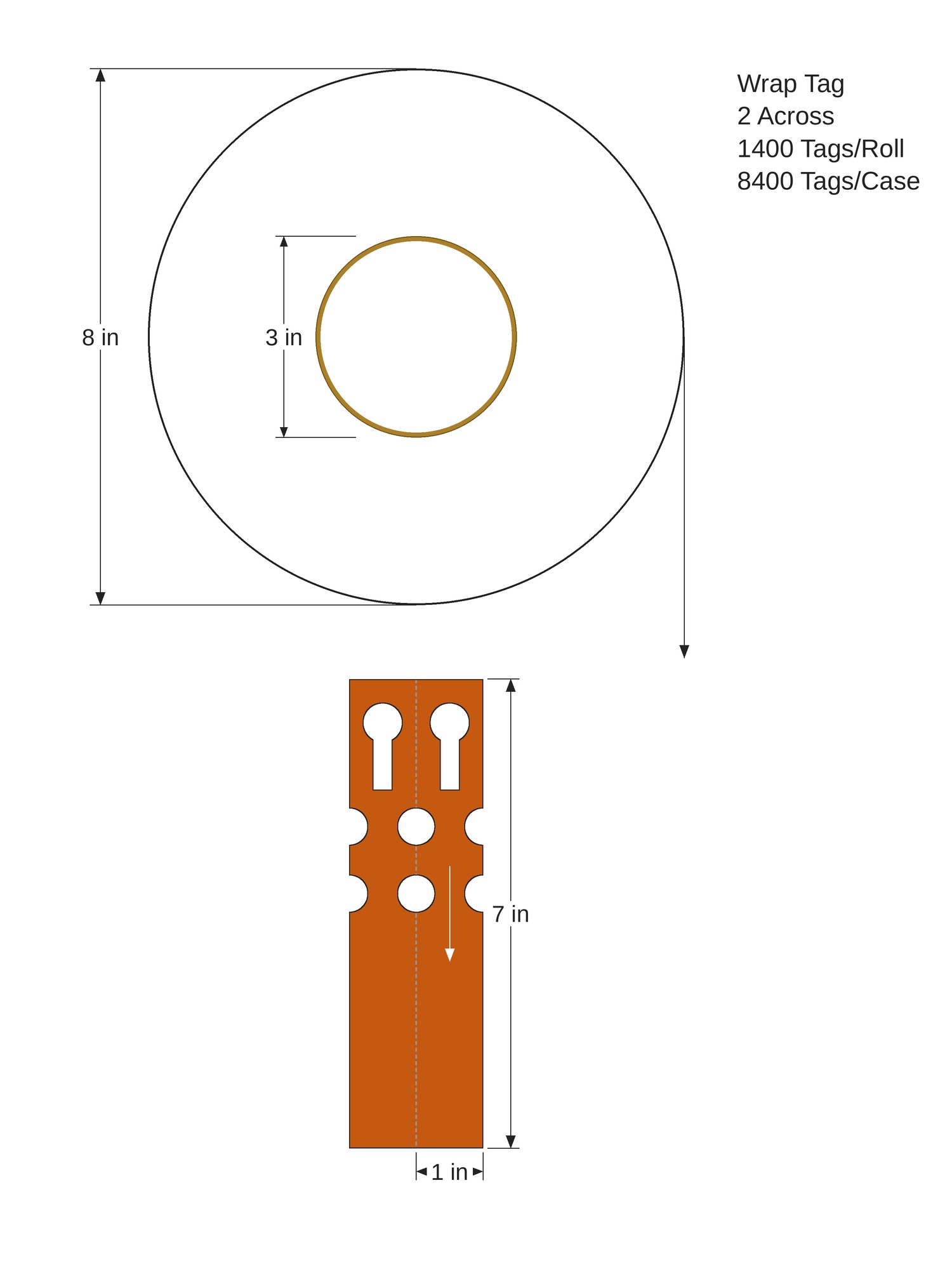 Wrap Tag. 1in x 7in. 2in Across. 3in x 8in Core Config. Orange. 1006442 - Image 2