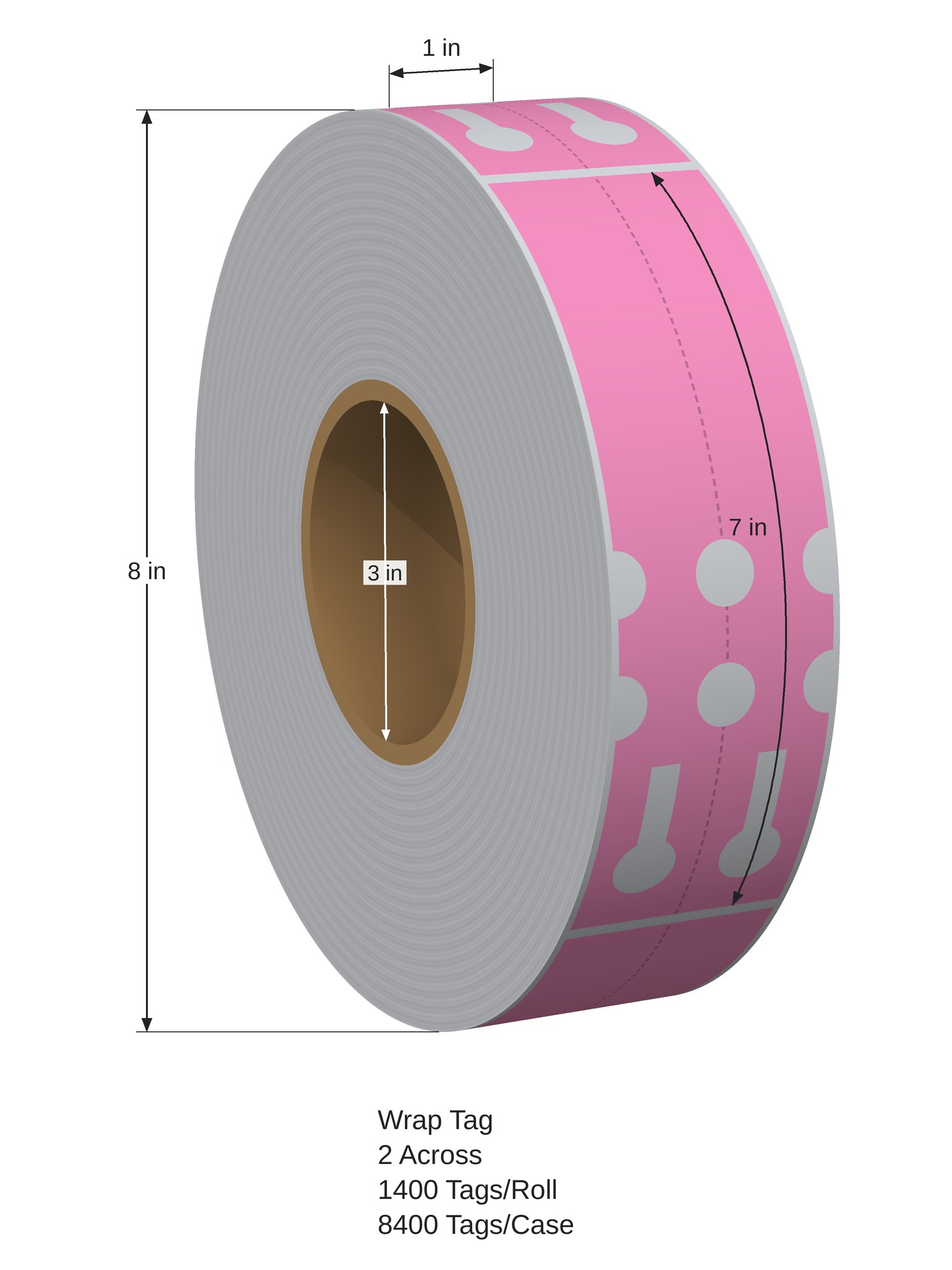 Wrap Tag. 1in x 7in. 2in Across. 3in x 8in Core Config. Pink. 1006443