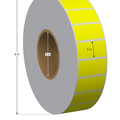 Waterproof Label. 2in x 1in. 1in Across. 3in x 8in Core Config. All Temp Adhesive. Yellow. 1006587