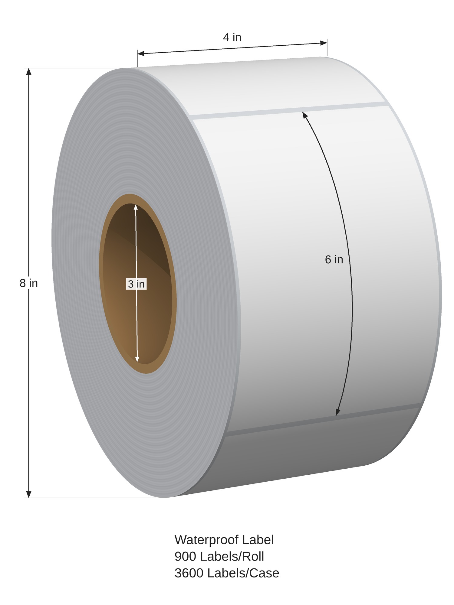 Waterproof Label. 4in x 6in. 1in Across. 3in x 8in Core Config. All Temp Adhesive. White. 1007051