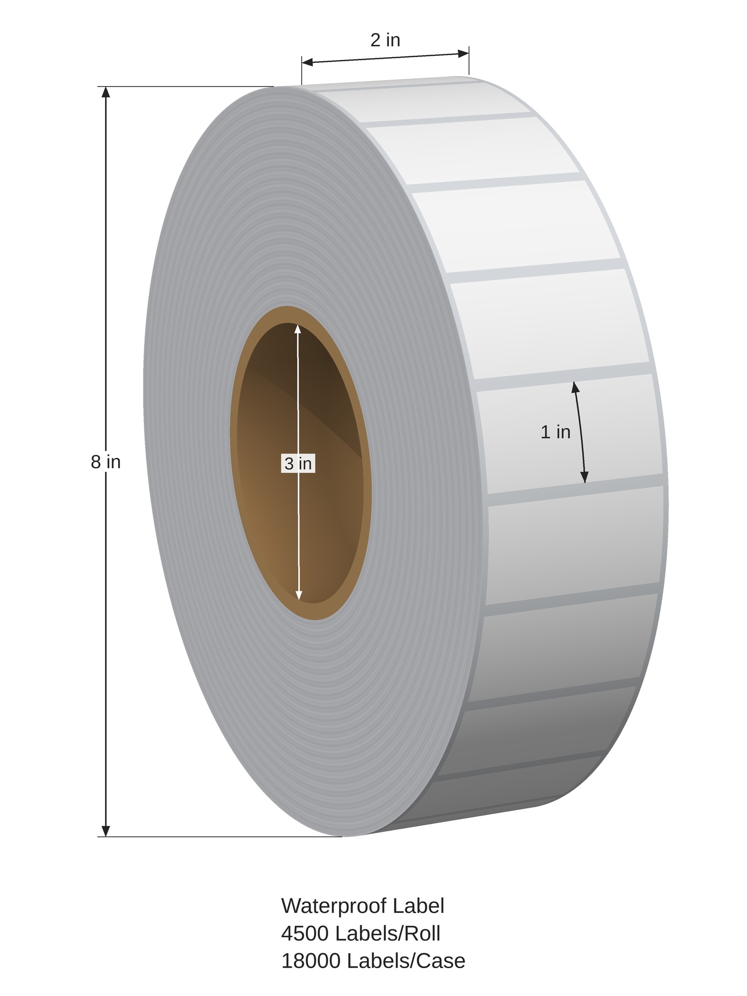 Waterproof Label. 2in x 1in. 1in Across. 3in x 8in Core Config. All Temp Adhesive. White. 1007052