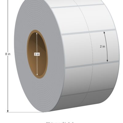 Waterproof Label. 2in x 2in. 2in Across. 3in x 8in Core Config. All Temp Adhesive. White. 1010677