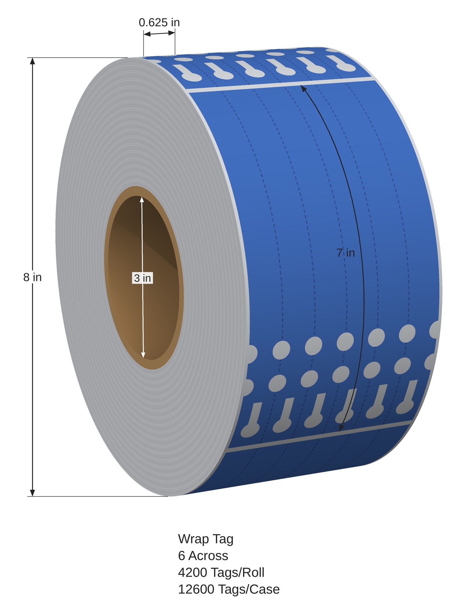 Wrap Tag. 0.625in x 7in. 6in Across. 3in x 8in Core Config. Blue. 1011845
