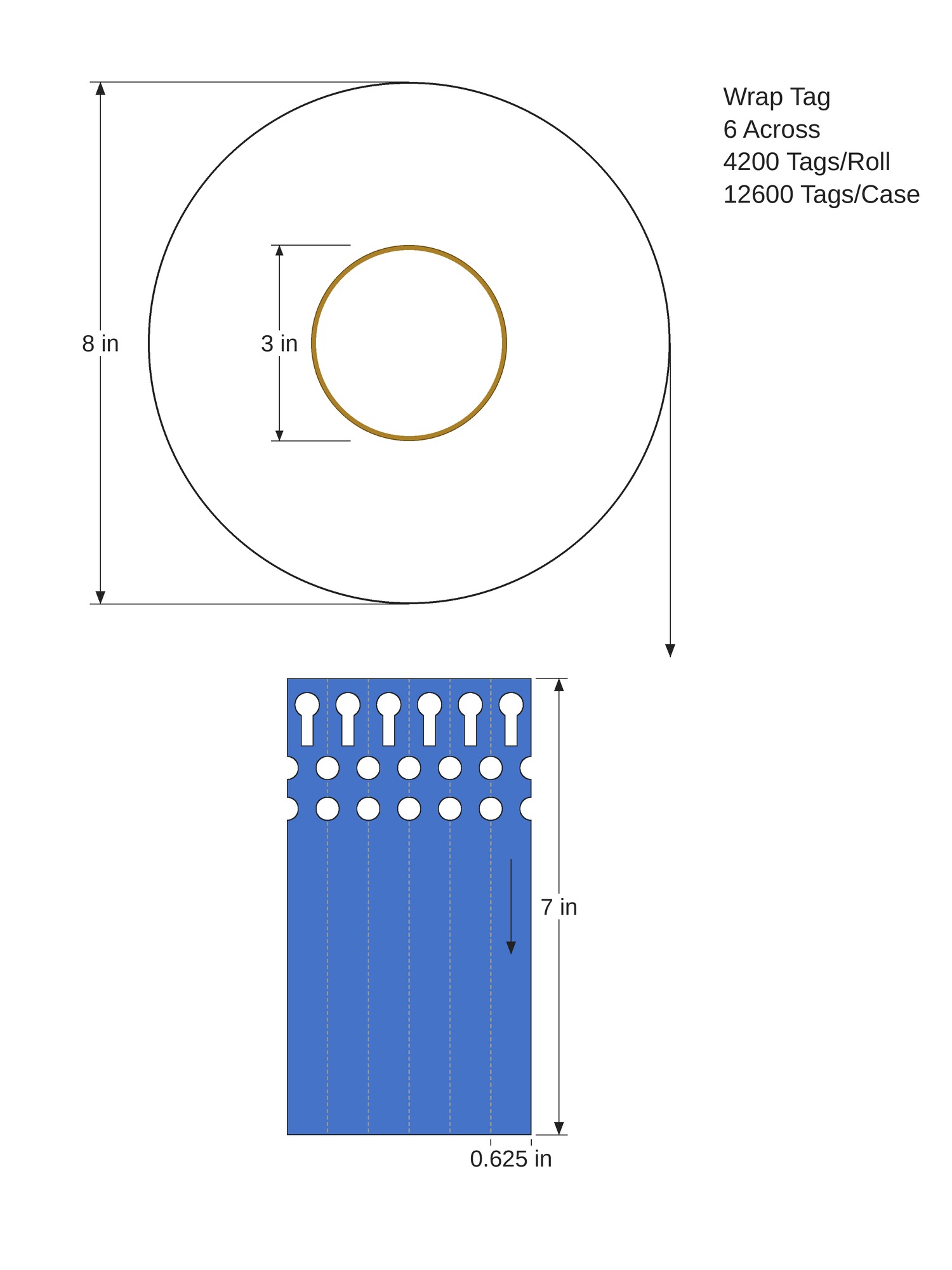 Wrap Tag. 0.625in x 7in. 6in Across. 3in x 8in Core Config. Blue. 1011845 - Image 2